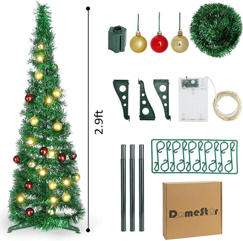 DomeStar 2.9Ft Tinsel Prelit Christmas Tree, Pop Up Artificial Pencil Slim Tree with 15PCS Christmas Balls for Xmas Decor Holiday Carnival Party Decorations