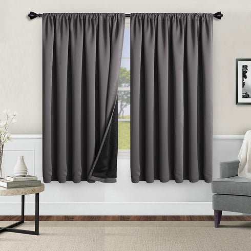 WONTEX 100% Grey Blackout Curtains for Bedroom 52 x 63 inch Length - Thermal Insulated, Noise Reducing, Sun Blocking Lined Rod Pocket Window Curtain Panels for Living Room, Set of 2 Winter Curtains