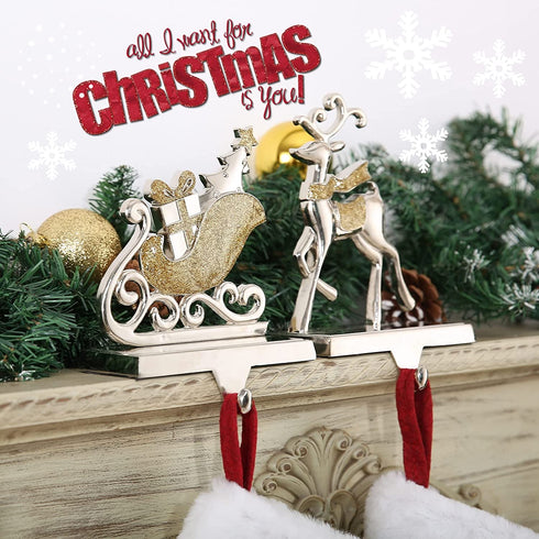 DAJAMAI Christmas Stocking Hangers for Mantel Set of 2, Reindeer Stocking Holders for Fireplace Xmas Mantel Hooks Hanger for Christmas Hanging Stockings Clip for Christmas Decor