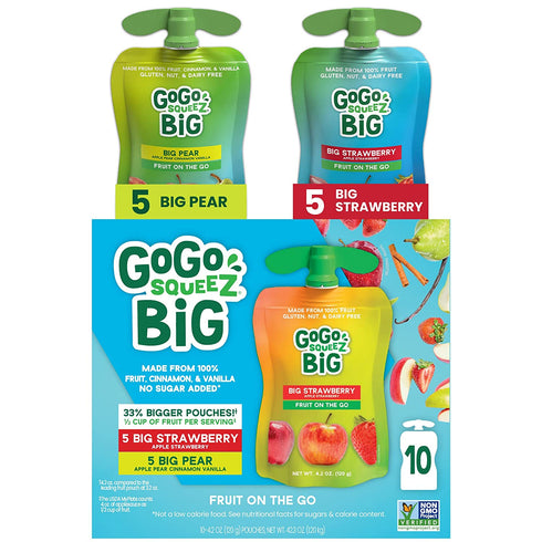 GoGo SqueeZ Big Variety Pack (Apple Strawberry/Pear Cinnamon Vanilla), 4.2 Ounce (10 Pouches), Bigger Than Existing Fruit Pouches, Made from 100% Fruit, Cinnamon, & Vanilla, No Sugar Added