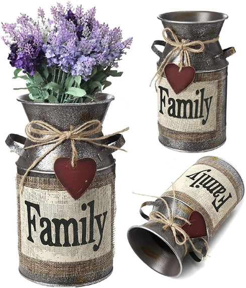 HIDERLYS 7.5" High Rustic Decorative Vase with Greetings and Rope Design, Metal Milk Can Country Jug for Living Room, Bedroom, Kitchen(Family)