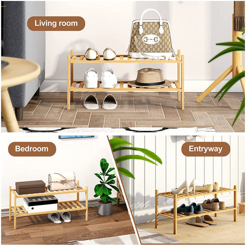 FILWH Bamboo Shoe Rack Stackable Shoe Shelf Storage Organizer for Unit Entryway Hallway and Closet Sturdy Freestanding Shoe shelf Natural (2 Tier)