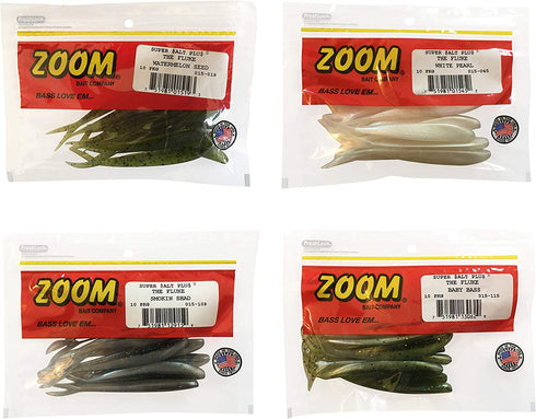 Bundle: Zoom Fluke Bait Lures - 4 1/4" Watermelon Seed 10 Pack, 4 1/4" White Pearl 10 Pack, 4 1/4" Smokin Shadow 10 Pack and 4 1/4" Baby Bass 10 Pack