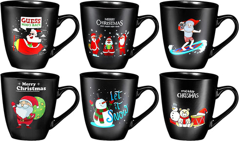 Coffee Mugs Set of 6 Large-sized 16 Ounce Christmas Holiday Ceramic Mug - Holiday Coffee Mug Funny Novelty Mugs Decorative Christmas Gift, Christmas Matte Black