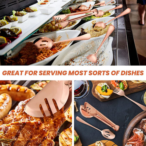 Stainless Steel Serving Utensils Large Serving Spoon Set of 9.45 Inch Metal Tongs 9 Inch Serving Forks 8.7 Inch Slotted Spoons 8.7 Inch Serving Spoons for Kitchen Party Supply (Rose Gold,8 Pieces)