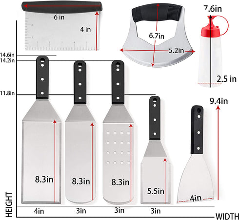Leonyo 9 PCS Griddle Grill Accessories, Stainless Steel BBQ Metal Spatulas Set, Grilling Tools Kit for Barbecue Flat Top Cast Iron Hamburger Cooking Camping Indoor & Outdoor