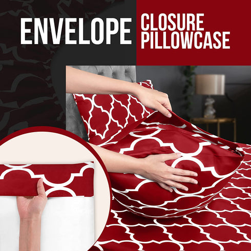 Utopia Bedding Printed Queen Sheet Set - 1 Fitted Sheet, 1 Flat Sheet and 2 Pillowcases - Soft Brushed Microfiber Fabric - Shrinkage and Fade Resistant (Queen, Burgundy Quatrefoil with White Pattern)