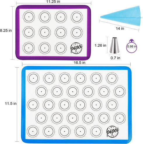 POPCO Macaron Baking Kit (19pcs Set) - 2 Half Size and 2 Quarter Size Silicone Macaron Baking Mats Plus 8 Piping Tips, 3 Piping Bags with 3 Bag Ties, 1 Coupler