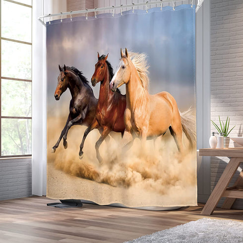 Homewelle Horse Shower Curtain 60Wx72L Inch Southwest Retro Cowboy Farm Galloping Herd Wilderness Running Sand Masculine Pasture Stallion Desert 12 Pack Shower Hooks Polyester Fabric Bathroom Bathtub