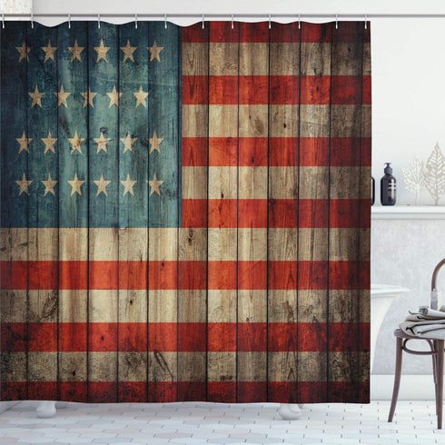 Ambesonne USA Shower Curtain, Fourth of July Independence Day Painted Old Wooden Rustic Background Patriot, Cloth Fabric Bathroom Decor Set with Hooks, 69" W x 70" L, Blue Red Pale Brown