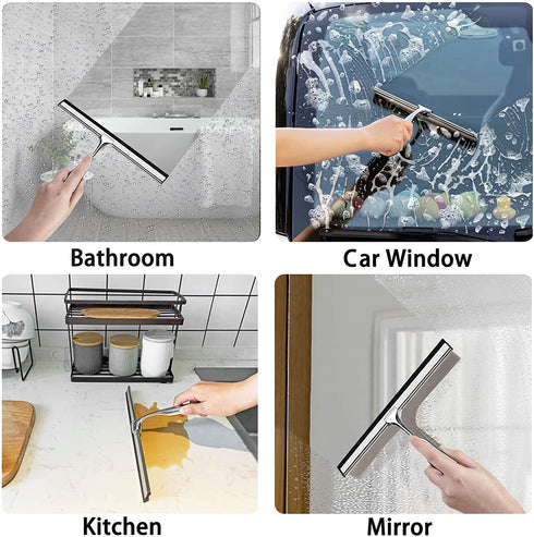 VIVIBEAUTY Shower Squeegee for Glass Doors, 12-Inch Stainless Steel Squeegee for Shower Glass Door, Mirror, Windows, 1 Replacement Silicone Blade and 2 Hooks, Silver