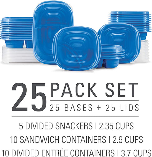 Rubbermaid TakeAlongs On The Go Food Storage and Meal Prep Containers, Set of 25 (50 Pieces Total), Marine Blue