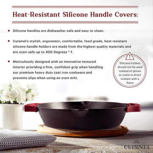 Cast Iron Skillet - 12"-Inch Dual Handle Frying Pan + Silicone Handle Holder Covers + Pan Scraper - Pre-Seasoned Oven, Grill, Fire, BBQ, Stovetop, Induction Safe Kitchen Cookware - Indoor/Outdoor Use