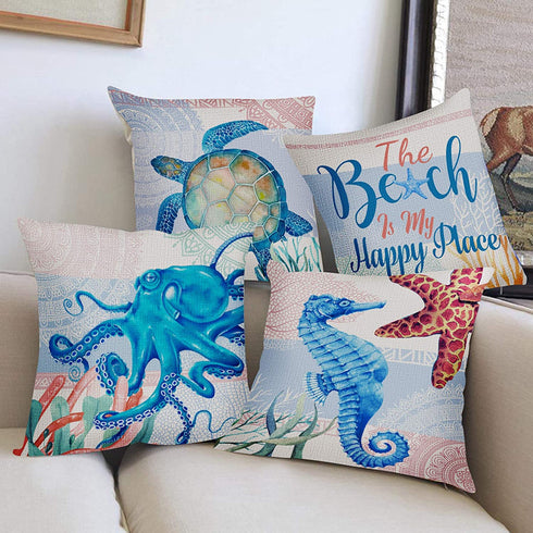 Hexagram Ocean Theme Summer Pillow Covers 18 x 18 Inch Set of 4 Blue Sea Turtle Beach Pattern Soft Linen Throw Pillow Cover Cushion Case for Couch Sofa Living Room Indoor Outdoor Home Decor