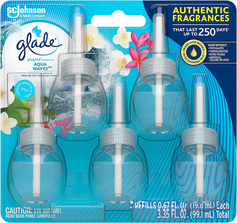Glade PlugIns Refills Air Freshener, Scented and Essential Oils for Home and Bathroom, Aqua Waves, 3.35 Fl Oz, 5 Count