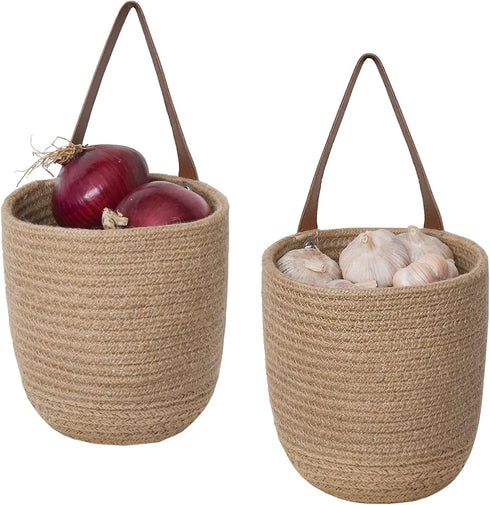 JS HOME 2 Pack Jute Hanging Baskets with Leather Handle, Decorative Wall Basket for Plants and Flowers, Small Woven Fern Wall Hanging Basket, Hanging Baskets for Organizing, Jute, 8" x 7''