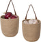 JS HOME 2 Pack Jute Hanging Baskets with Leather Handle, Decorative Wall Basket for Plants and Flowers, Small Woven Fern Wall Hanging Basket, Hanging Baskets for Organizing, Jute, 8" x 7''