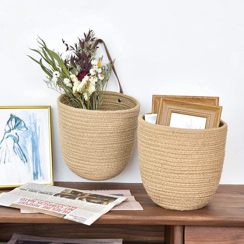 JS HOME 2 Pack Jute Hanging Baskets with Leather Handle, Decorative Wall Basket for Plants and Flowers, Small Woven Fern Wall Hanging Basket, Hanging Baskets for Organizing, Jute, 8" x 7''