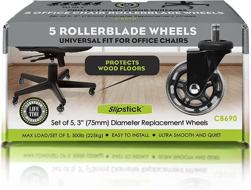 Slipstick CB690 Floor Protecting Rubber Office Chair Caster Wheels (Set ff 5), Roller Style, Universal 7/16" Stem, 3" Black Castors