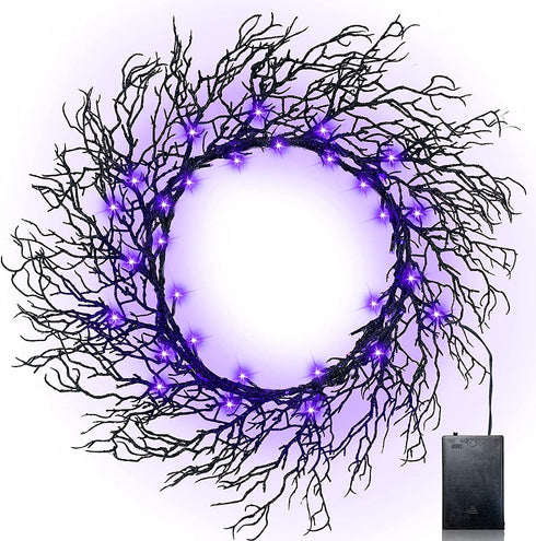 TURNMEON 20 Inch Prelit Halloween Wreath with Timer 30 LED for Front Door Halloween Decorations Purple Lights Battery Operated Glitter Scary Black Wreath Halloween Decoration Indoor Outdoor Home Party