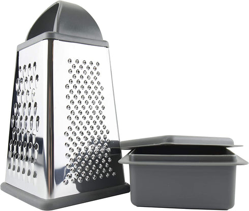 Tovolo Box Grater, Stainless Steel with 4 Sides Best for Parmesan Cheese, Vegetables, Ginger, Nuts with Detachable Storage Container One Charcoal