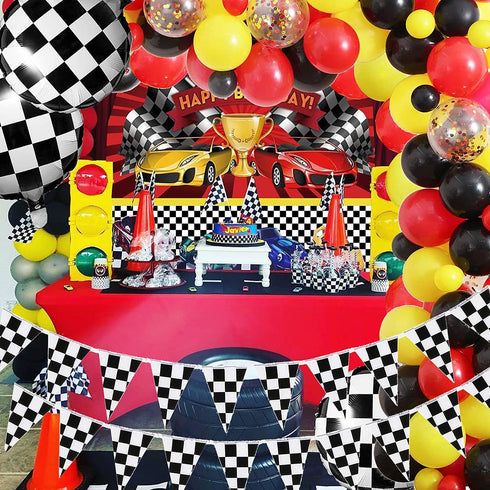 Racing Car Balloon Garland Kit, 126 Pcs Yellow Black Confetti Balloon Arch with 100ft Checkered Flags Banner Checkered Foil Balloons for Let's Go Racing Racing Car Party Decoration
