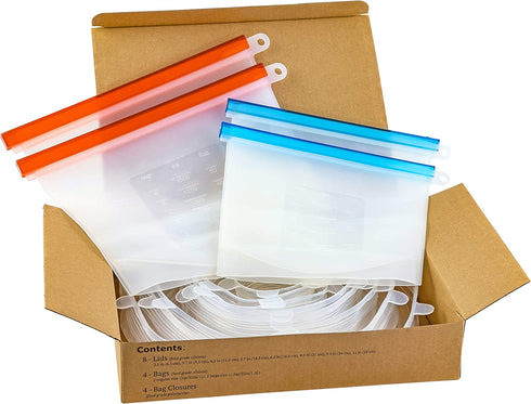 EcoPeaceful 8 Stretch Silicone Food Cover Lids (Largest Sizes XXL-XS ) 4 Silicone Zip Lock Bags (2 Small, 2 Large)