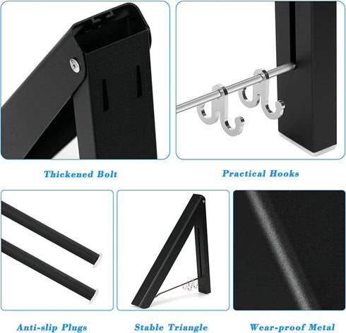 Tinfol Wall Mounted Clothes Drying Rack, 2pc Black Folding Cloth Hanger with Rod, Retractable Aluminum Home Storage Organiser Space Savers Coat Hanger for Laundry Room, Bathroom, Balcony