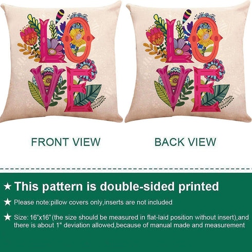ZUEXT Spring Floral Love Throw Pillow Covers 16x16 Inch, Set of 4 Square Cotton Linen Outdoor Cushion Pillowcases for Sofa Couch Home Decor Valentines Mother's Birthday Day Housewarming Gift