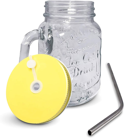 Home Suave 16 oz Glass Mason Jars Mugs with Handle, Lids with 2 Reusable Stainless Steel Straws, Regular Mouth, Set of 2 (Light Blue & Yellow))