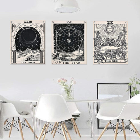 Pack of 3 Tarot Tapestries with Rustproof Grommets, Seamless Nails, The Sun Moon Star Tarot Card Tapestries Vertical Tapestry Wall Hanging (16 x 20 inches/piece)