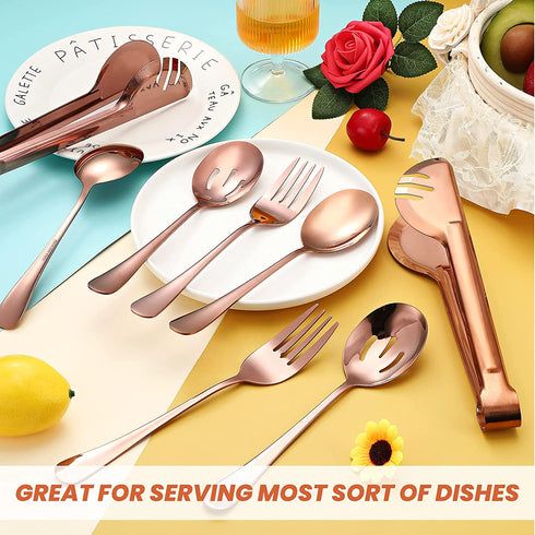 Stainless Steel Serving Utensils Large Serving Spoon Set of 9.45 Inch Metal Tongs 9 Inch Serving Forks 8.7 Inch Slotted Spoons 8.7 Inch Serving Spoons for Kitchen Party Supply (Rose Gold,8 Pieces)
