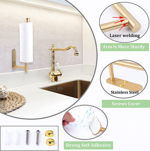 Gold Paper Towel Holder Under Cabinet Mount Wall Kitchen Countertop Paper Towel Rack with Adhesive and Screws, Stainless Steel Resistant Corrosion & Rust