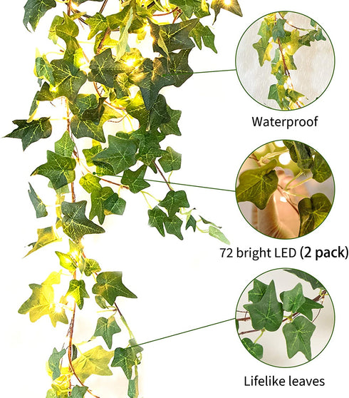2 Pack 6 Ft. Ivy String Lights Battery Operated Artificial Ivy Lights 72 LED Vine Lights Bedroom Vines Lights for Wall Room Window Wedding Indoor Party Festival Decor ( Warm White)