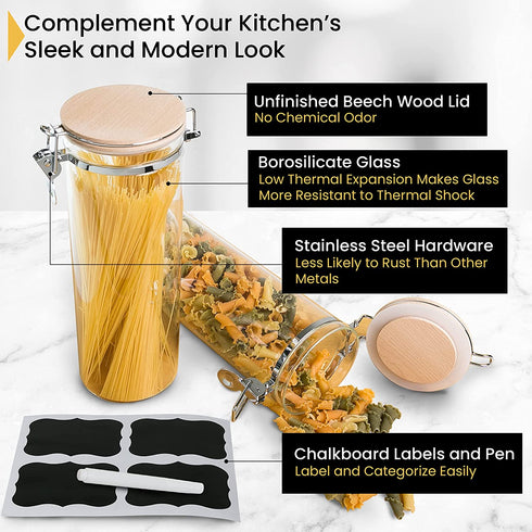 Moving Mountains Products Decorative Glass Container with Lid - Multipurpose Borosilicate Glass Pasta Container, 68 Ounce Capacity - Modern Unfinished Beech Wood Lid - with Chalkboard Labels and Pen
