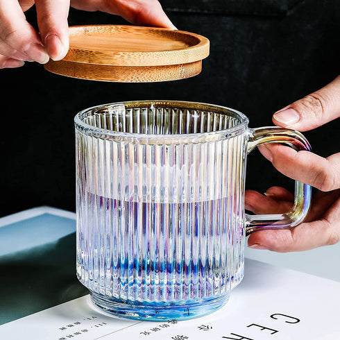 Glass Mugs, Iridescent Glass Coffee Mug with Lid, Glass Coffee Cups, Extra Large Glass Coffee Mug with lids, Clear Mugs for Coffee,12.5 Ounces, Bamboo Lid