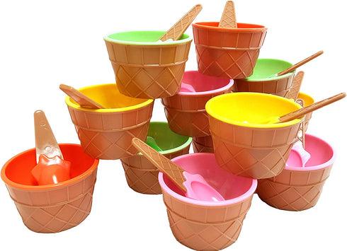 Plastic Ice Cream Cups with Spoons, Festive Dessert Bowls, Assorted Colors (12 Piece Party Pack)