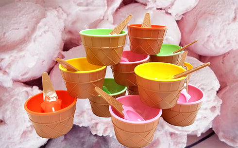 Plastic Ice Cream Cups with Spoons, Festive Dessert Bowls, Assorted Colors (12 Piece Party Pack)