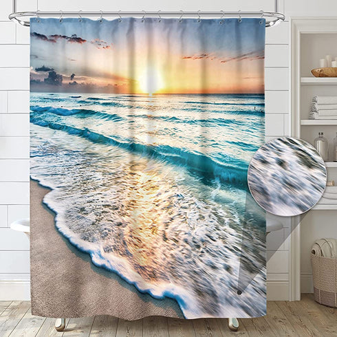 Riyidecor Ocean Beach Shower Curtain Seashore Sunrise 72x72 Inch Sunset Wave Summer Coastal Hawaii Cool Sea Seaside Scene Island Blue Nature Scenery Fabric Set Waterproof Bathroom Decor BB-JWXP