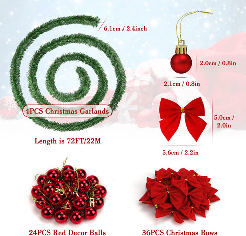 ICNOW 72Feet/22M Christmas Garland With 24 Christmas Ball Ornaments and 36 Red Bows Home Decorated Garlands Artificial Pine Christmas Decoration for Home Garden Holiday Wedding Party Stairs Fireplaces
