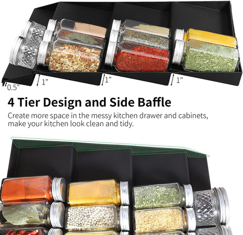 QIZENME Spice Rack, Spice Drawer Organizer for Kitchen Drawer Cabinets- Adjustable 4 Slanted Tier Spice Storage Organizer Insert for Drawer Kitchen, Expands 12"to 24", Black