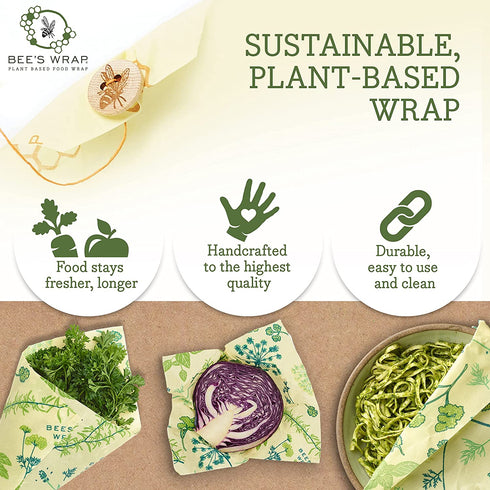 Bee's Wrap - Vegan 3 Pack - Made in USA with Certified Organic Cotton - Plastic and Silicone Free - Reusable Plant-Based Food Wraps - 3 Pieces (S, M, L)