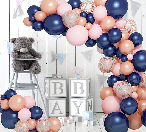 121 PCS Gender Reveal Party Supplies Rose Gold Navy Blue and Pink Latex Confetti Pearlescent Balloons Garland Arch Kit for Birthday Party Baby Shower Decorations
