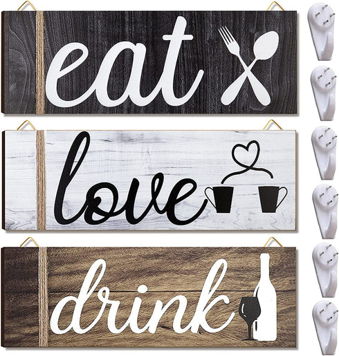9PCS Kitchen Wall Decor Wooden Home Signs, Rustic Love Drink Eat Signs Kitchen Decor Home Wall Plaque with Hanging Hole and Invisible Nails, Kitchen Art Dining Room Bar Cafe Decoration