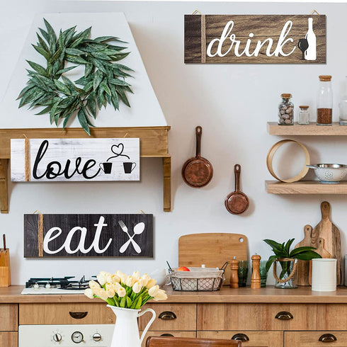9PCS Kitchen Wall Decor Wooden Home Signs, Rustic Love Drink Eat Signs Kitchen Decor Home Wall Plaque with Hanging Hole and Invisible Nails, Kitchen Art Dining Room Bar Cafe Decoration