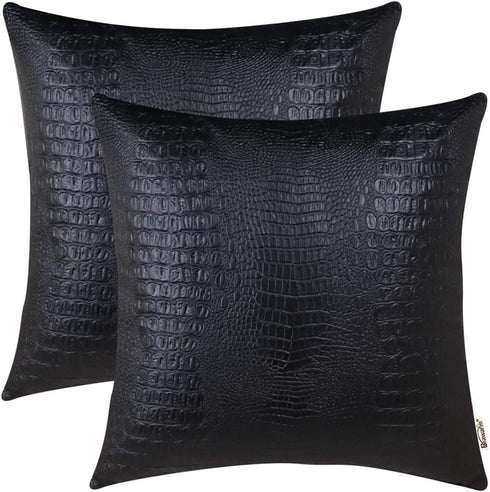 BRAWARM Black Leather Pillow Covers 20 X 20 Inches Cushion Covers Set of 2, Black Decorative Crocodile Pillow Covers, Black Leather Pillow for Living Room Garden Couch Bed Sofa