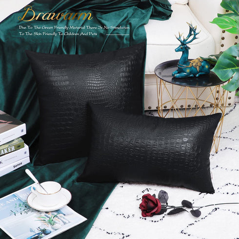 BRAWARM Black Leather Pillow Covers 20 X 20 Inches Cushion Covers Set of 2, Black Decorative Crocodile Pillow Covers, Black Leather Pillow for Living Room Garden Couch Bed Sofa