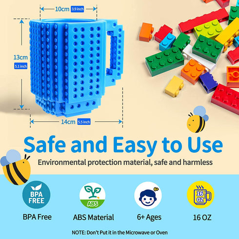 Build on Brick Mug for Kids Adults Boys, Cusod Novelty Coffee Mugs Compatible with Lego, Fun Coffee Mugs for Birthday Festival Gift Ideas, 16OZ Unique Cool DIY Cups, Block Buddy Mug with 6 in 1 Blocks