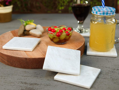 Coaster Set of 6 White Handmade Marble 3.5 Inch Bar Drink Cup Pad, Coffee Mug Square Coasters Set for Kitchen - Ideal Pot Drinks Tea Absorbent Coaster Plates