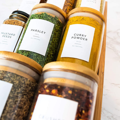 162 Minimalist Spice Jar Labels - Preprinted Spice Stickers - Black Text on White Waterproof Label - Fits Round Bamboo Jars or Rectangular Spice Jars - Herb Seasoning Kitchen Pantry Labels Stickers